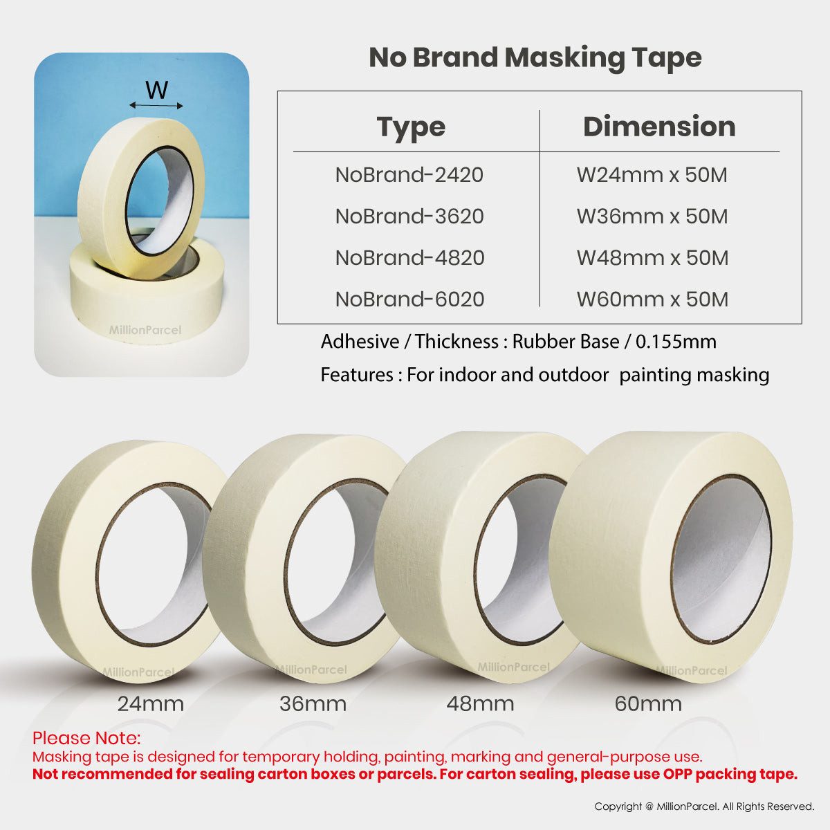 Beige masking tape rolls with visible widths 24mm, 36mm, 48mm, 60mm