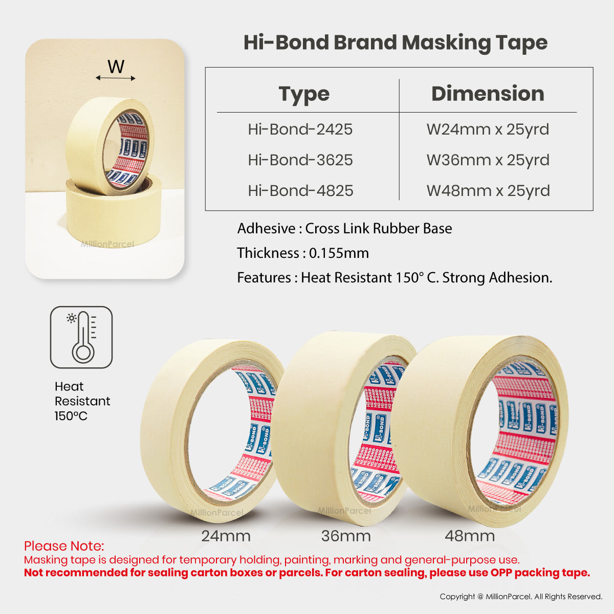 Heat-resistant masking tape rolls, beige paper tape, multiple widths shown