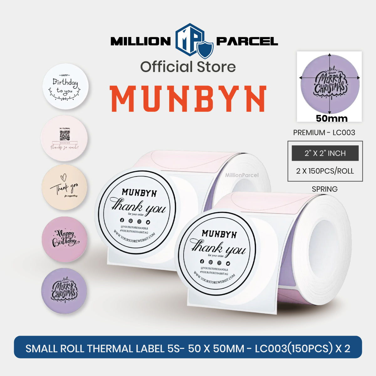 Small round thermal labels with 'thank you' design, 2x2 inch, spring, 2 rolls