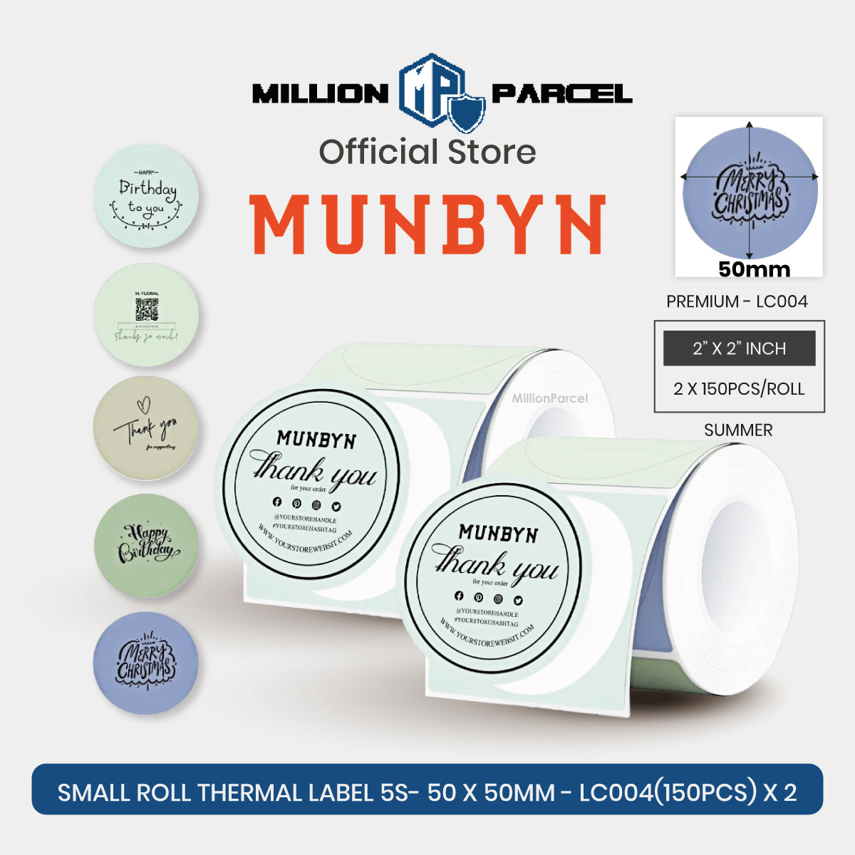 MUNBYN thermal label roll with mint “thank you” round labels and white backing