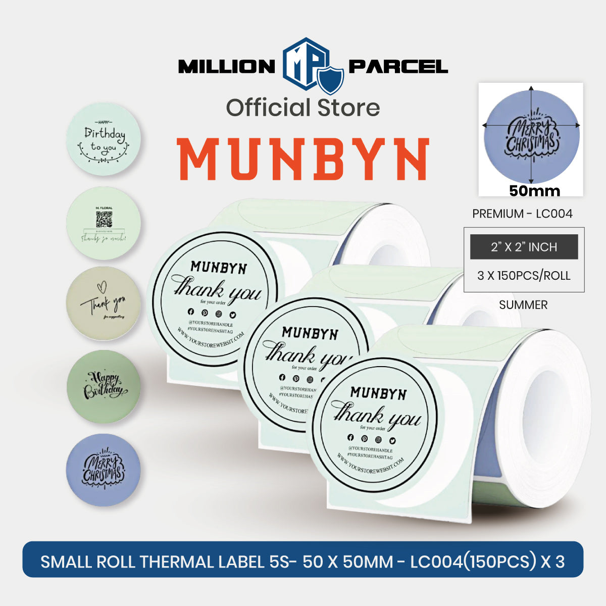 MUNBYN thermal label roll set with mint “thank you” round labels, white backing
