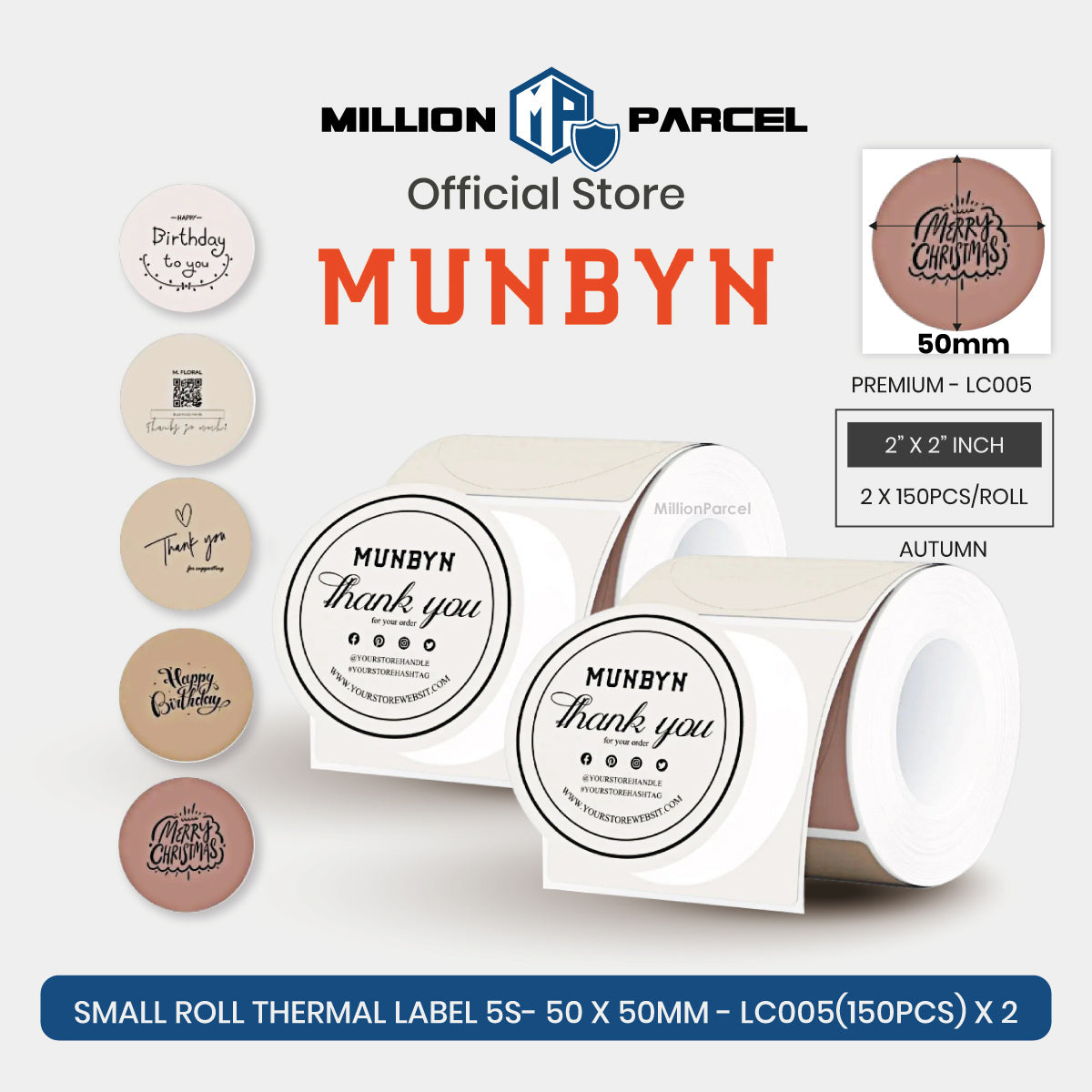 MUNBYN thermal label roll set with autumn “thank you” round labels and beige backing
