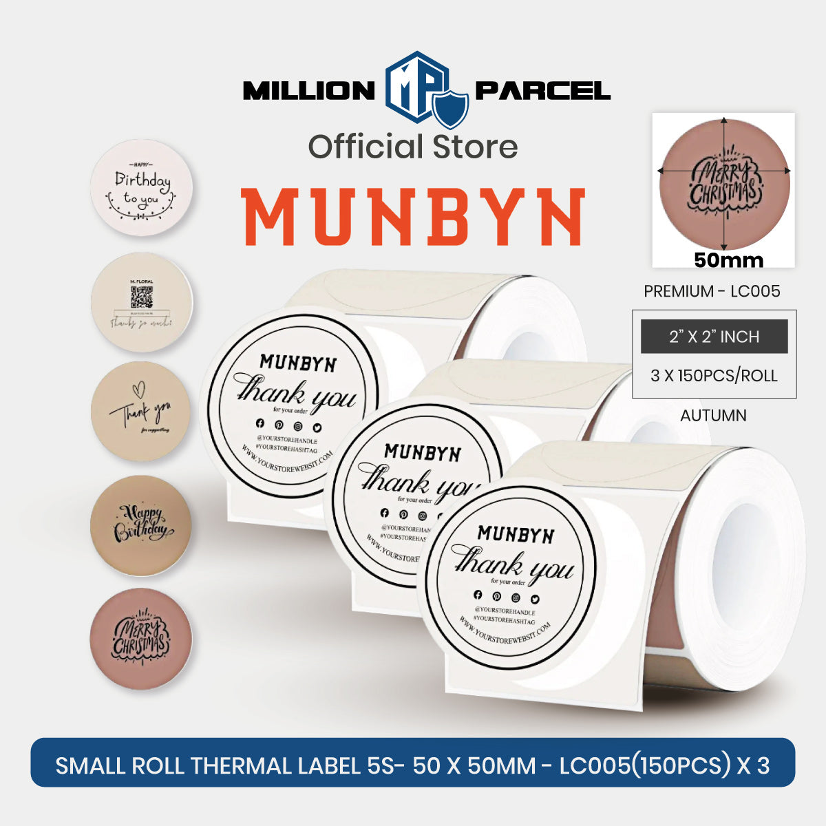 MUNBYN thermal label roll with autumn “thank you” round labels and light beige backing