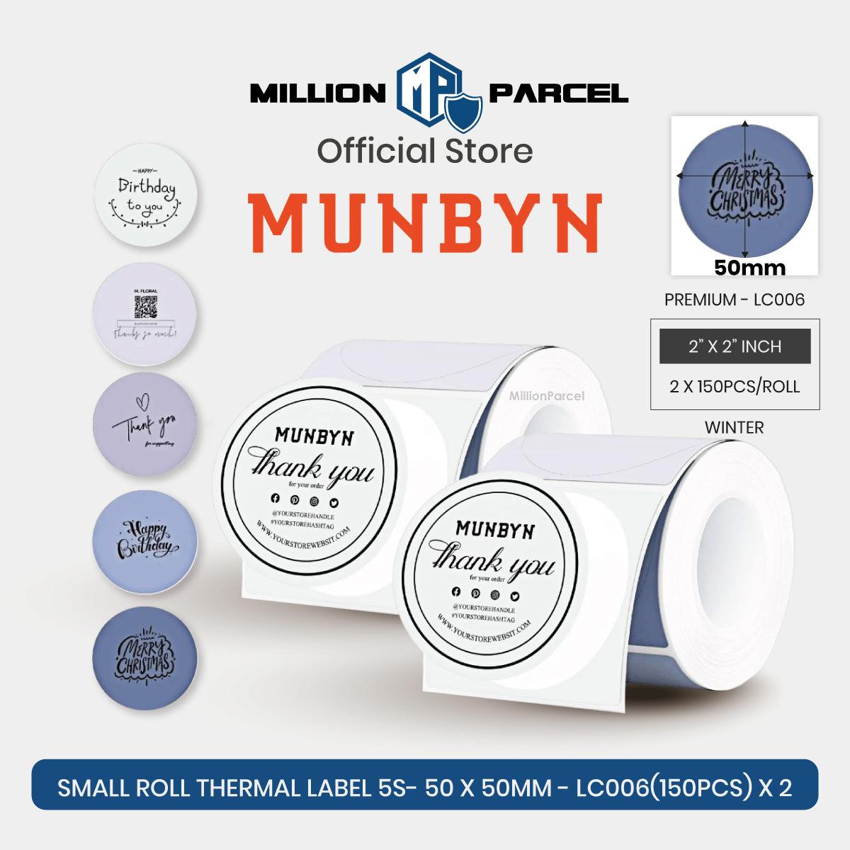 MUNBYN thermal label roll set with winter “thank you” round labels and white backing
