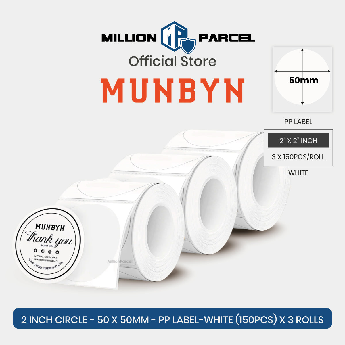 White 2-inch circle label roll, PP label sheets, 'thank you' design, 3 rolls