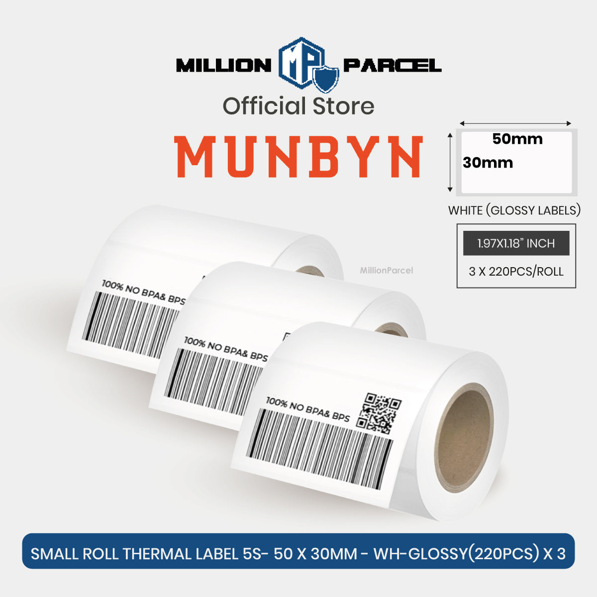 White glossy thermal label roll with barcode and QR, 50x30mm, 3 rolls