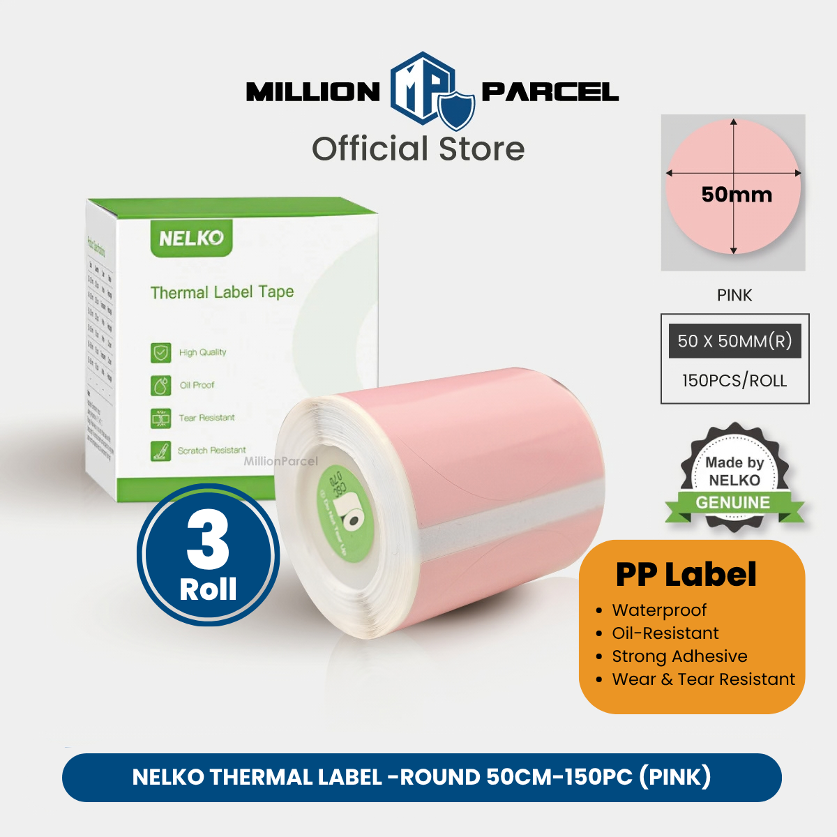 Pink round thermal label tape roll, 50mm size, 150 labels per roll for PP label use