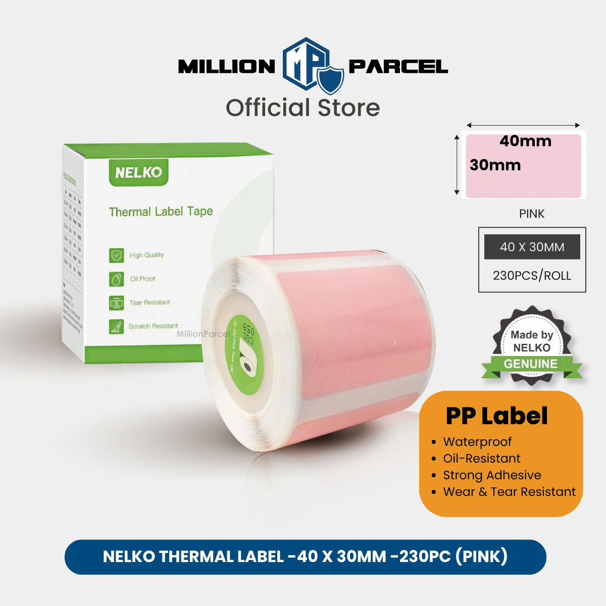 Pink PP label sticker roll, 40x30mm, 230 labels per roll.