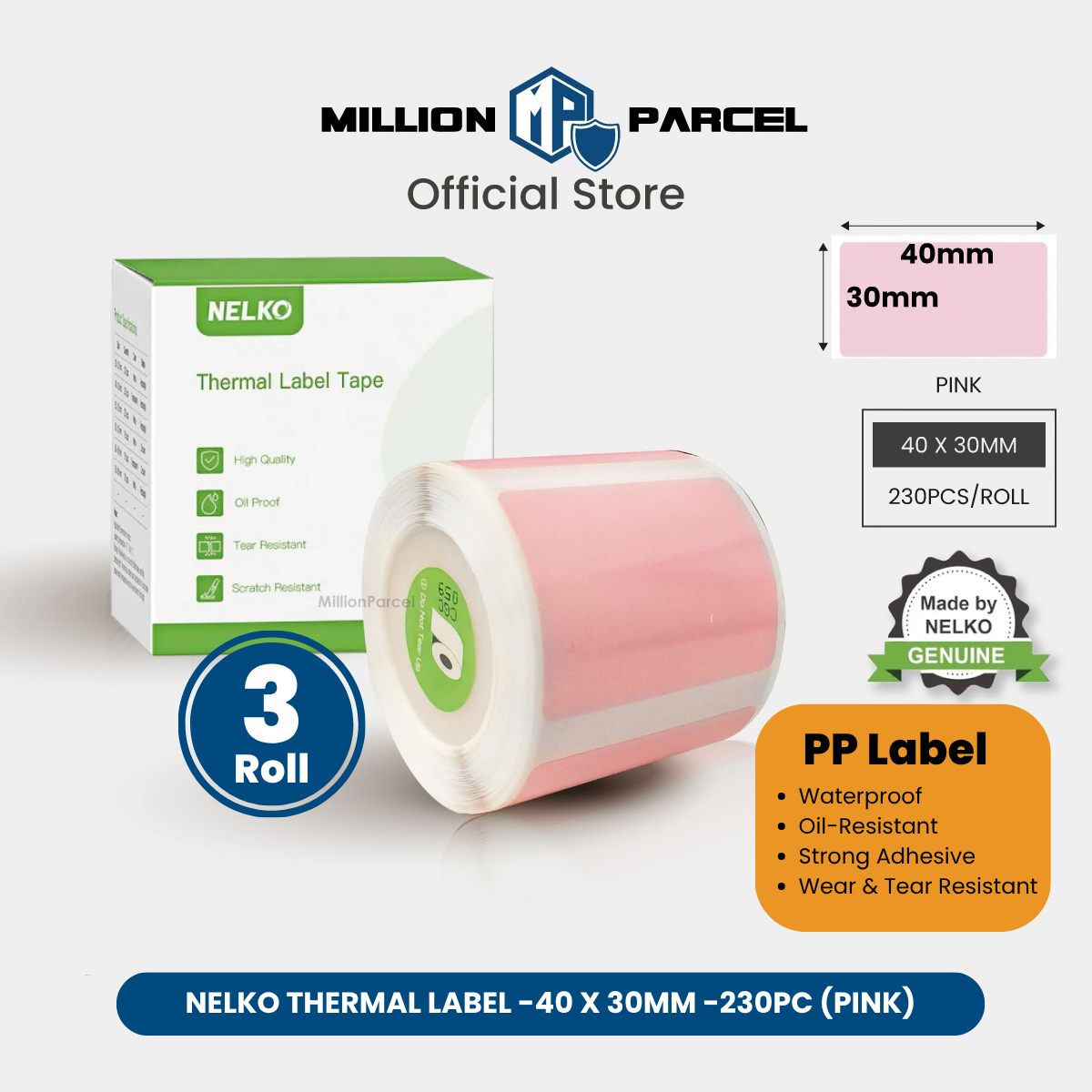 Pink thermal label tape roll, 40x30mm, 230 labels per roll for PP label use