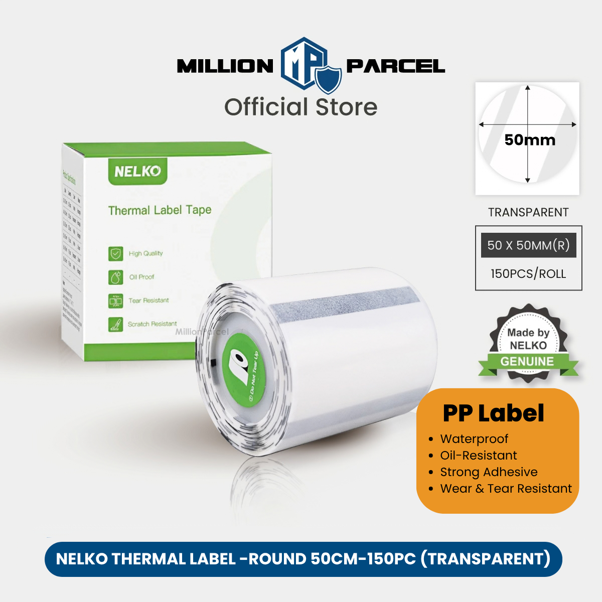 Transparent round label sticker roll, 50mm, waterproof oil-resistant adhesive
