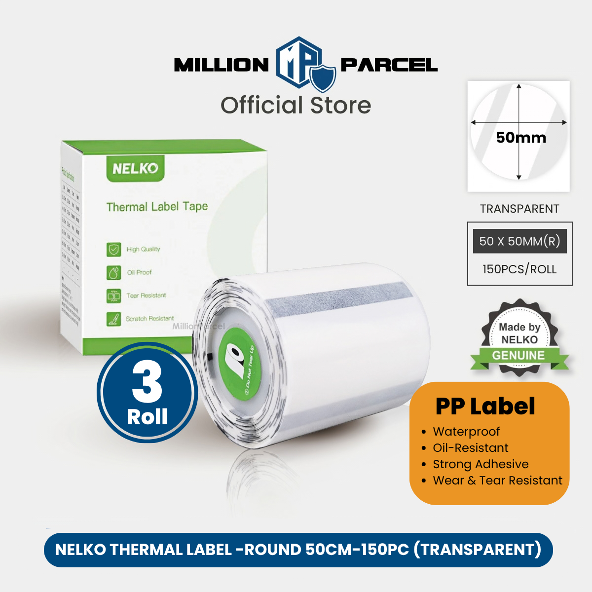 Transparent thermal label tape roll with 50mm round label size packaging