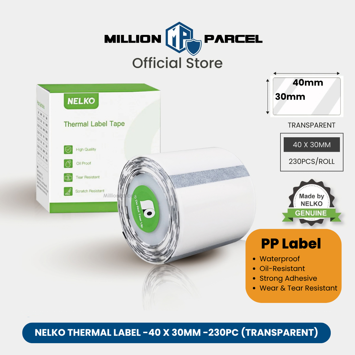 Transparent PP label sticker roll, 40x30mm, 230 labels per roll.