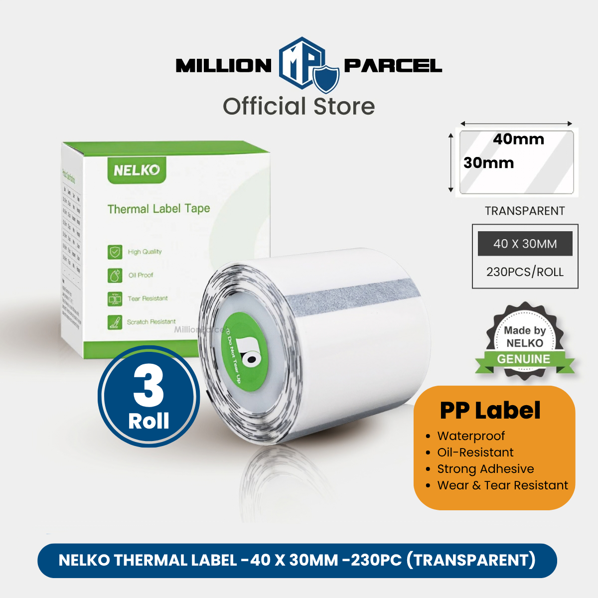 Transparent thermal label tape roll, 40x30mm, 230 labels per roll for PP label use