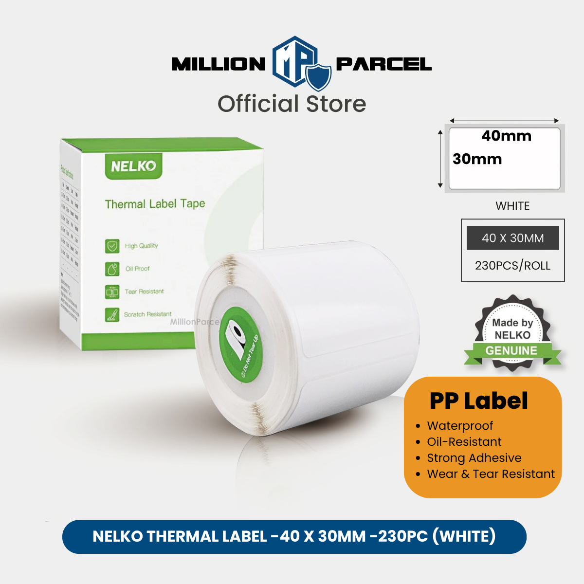 White PP label sticker roll, 40x30mm, 230 labels per roll.