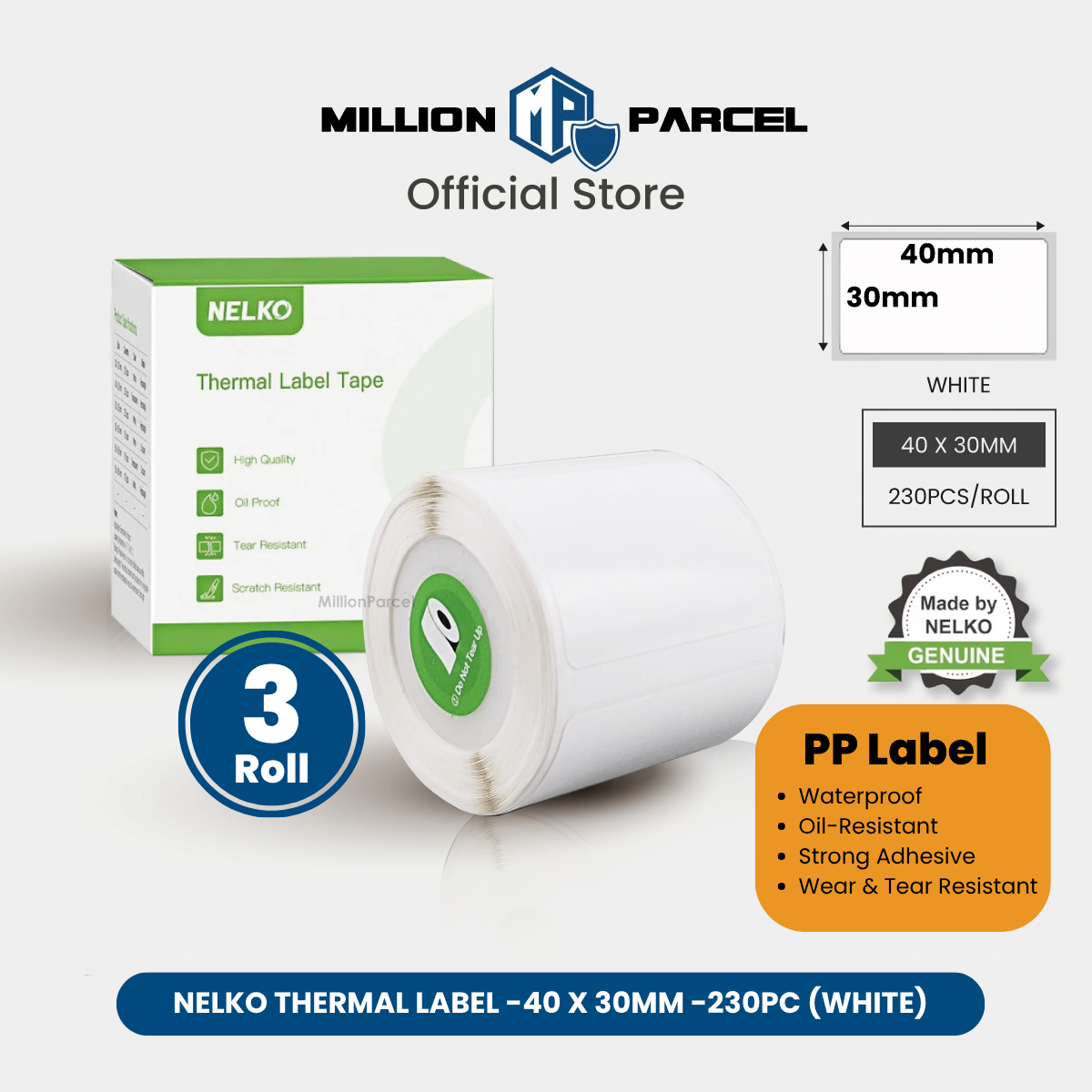 White thermal label tape roll, 40x30mm, 230 labels per roll for PP label use