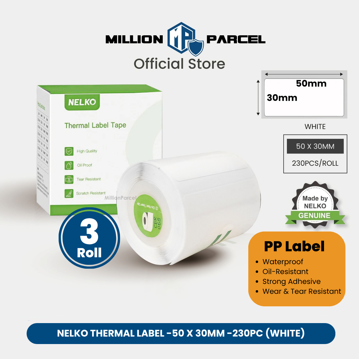 White thermal label tape roll, 50x30mm, 230 labels per roll for PP label use