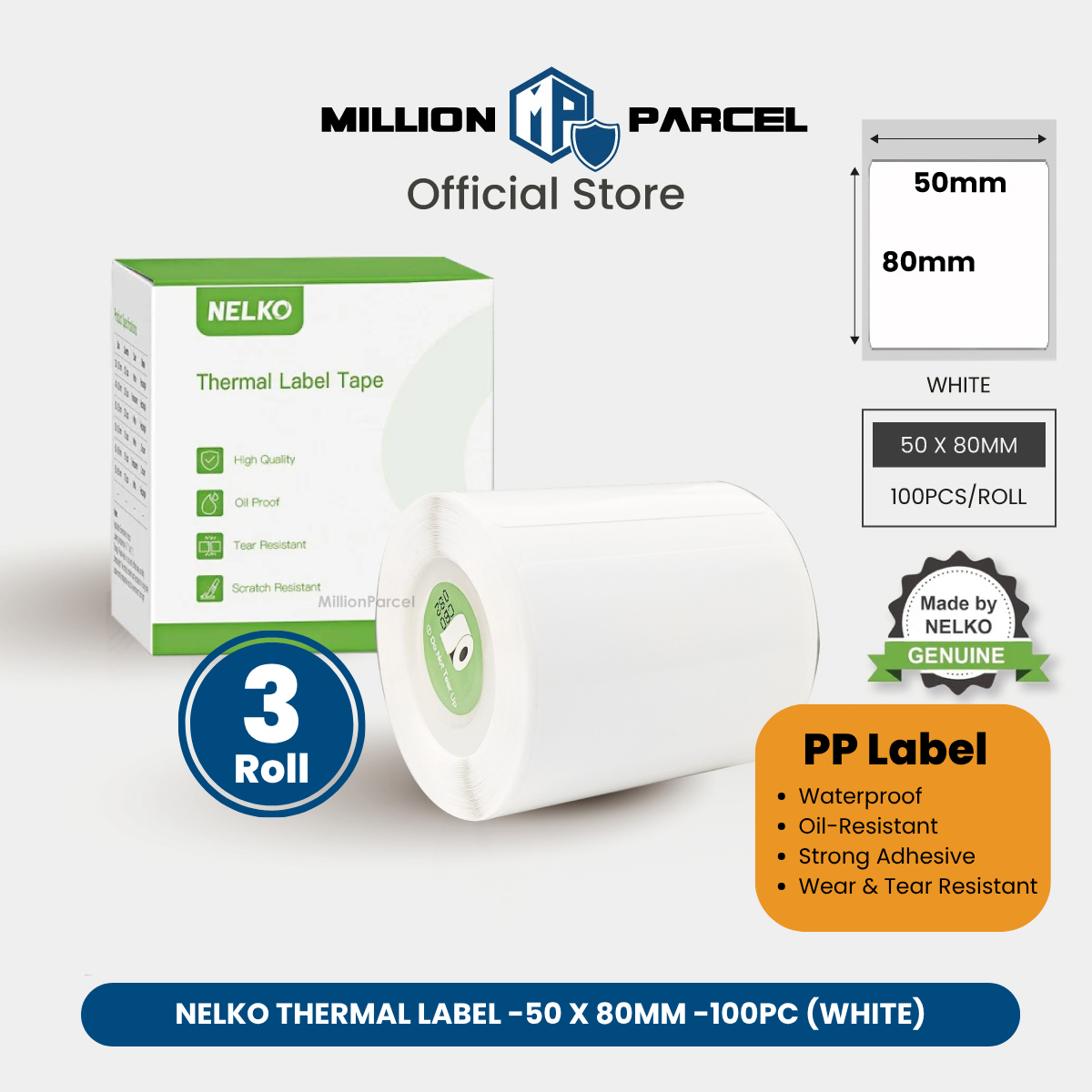 White thermal label tape roll with 50 x 80mm label size packaging
