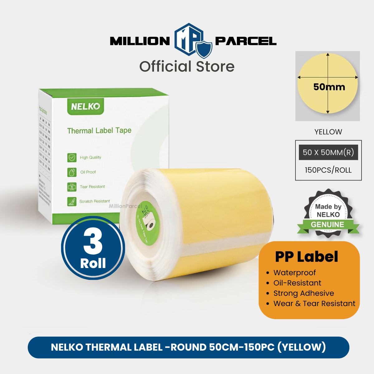 Yellow round thermal label tape roll with 50mm label size packaging