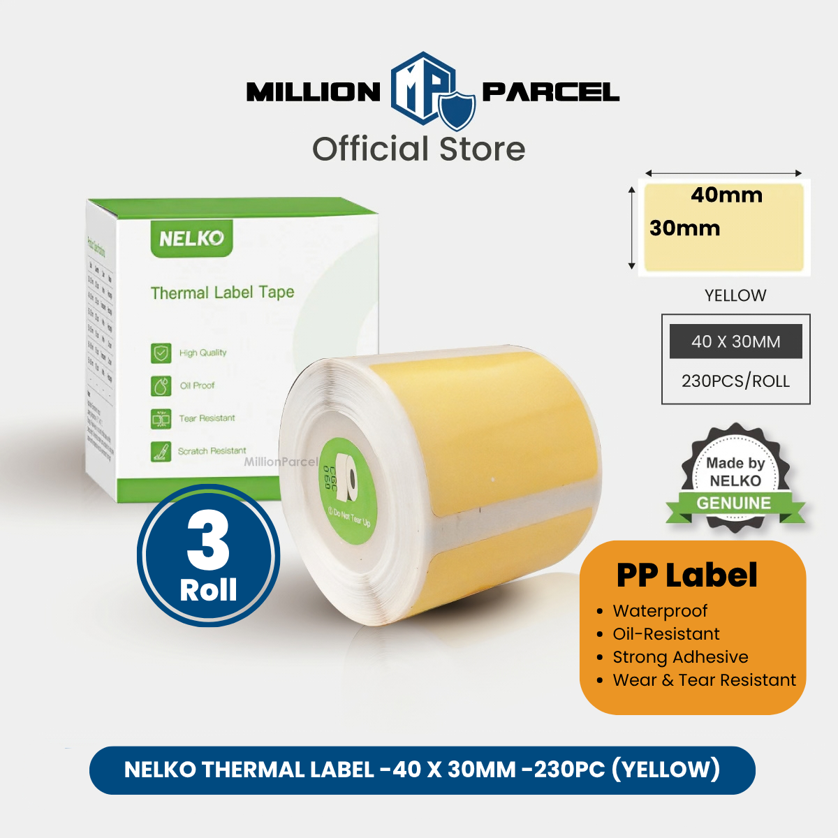 Yellow thermal label tape roll with 40 x 30mm label size packaging