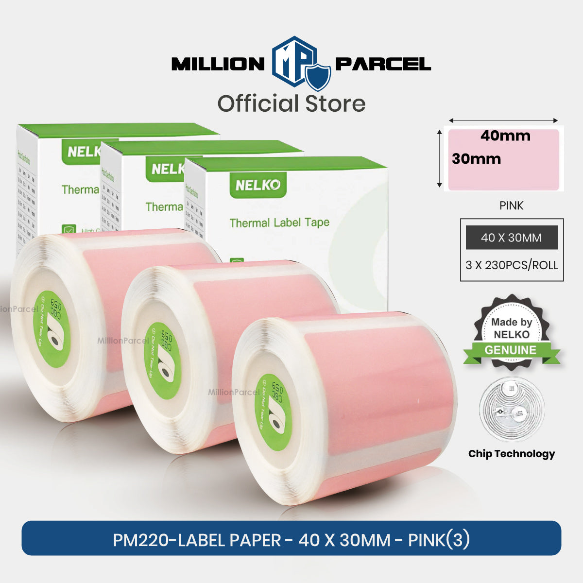 Pink thermal label paper roll, 40 x 30mm, 3-pack