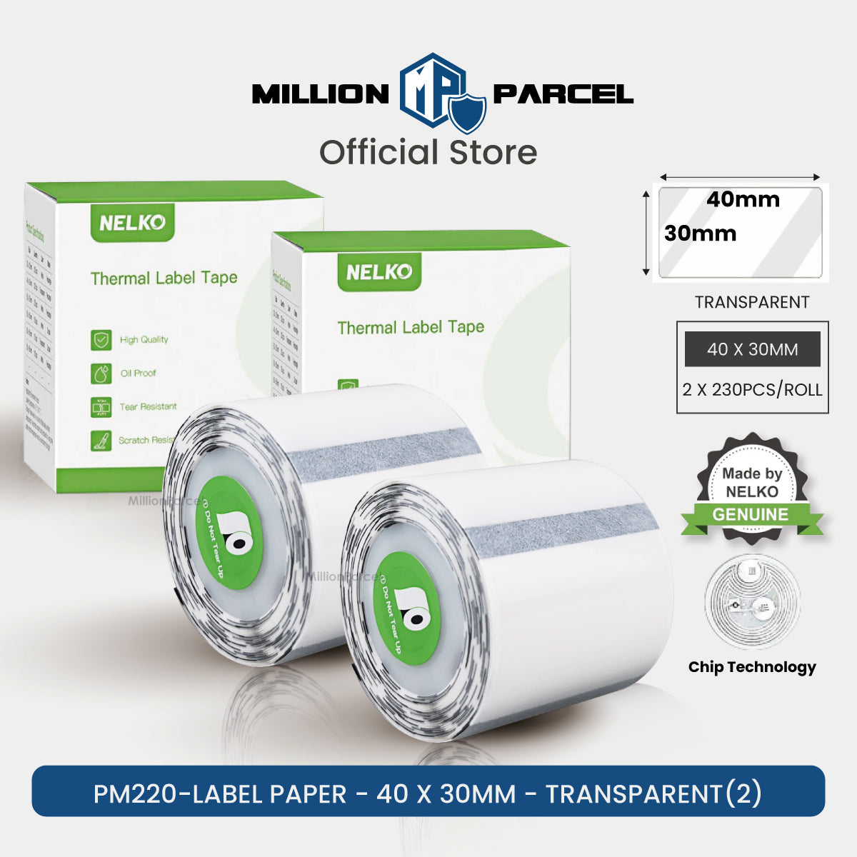 Transparent thermal label paper roll, 40 x 30mm, 2-pack