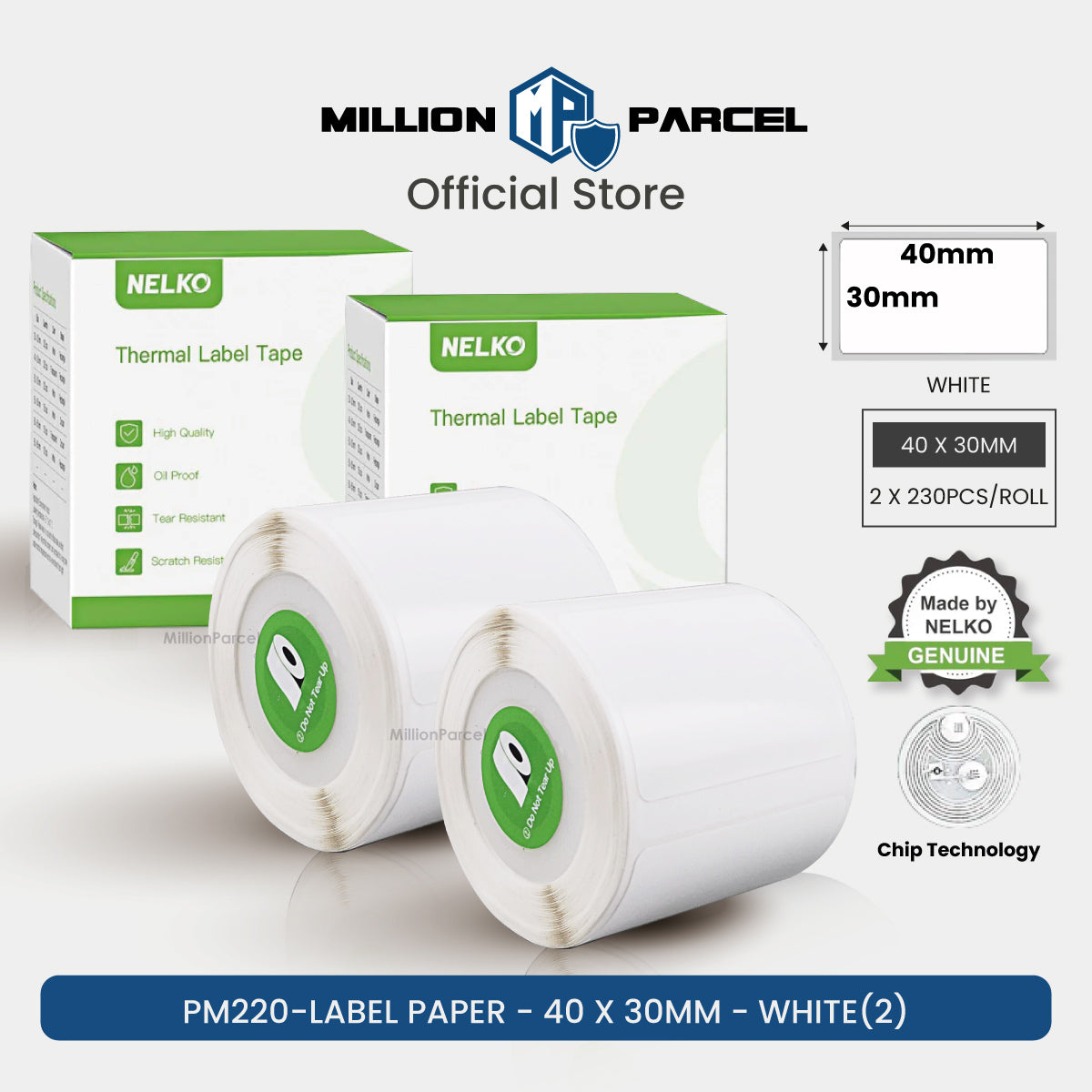 NELKO thermal label paper roll with white tape, 40x30mm size, 2 rolls