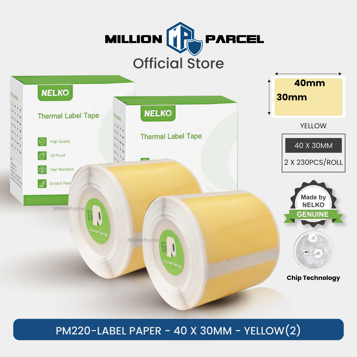 NELKO thermal label paper roll with yellow tape, 40x30mm size, 2 rolls