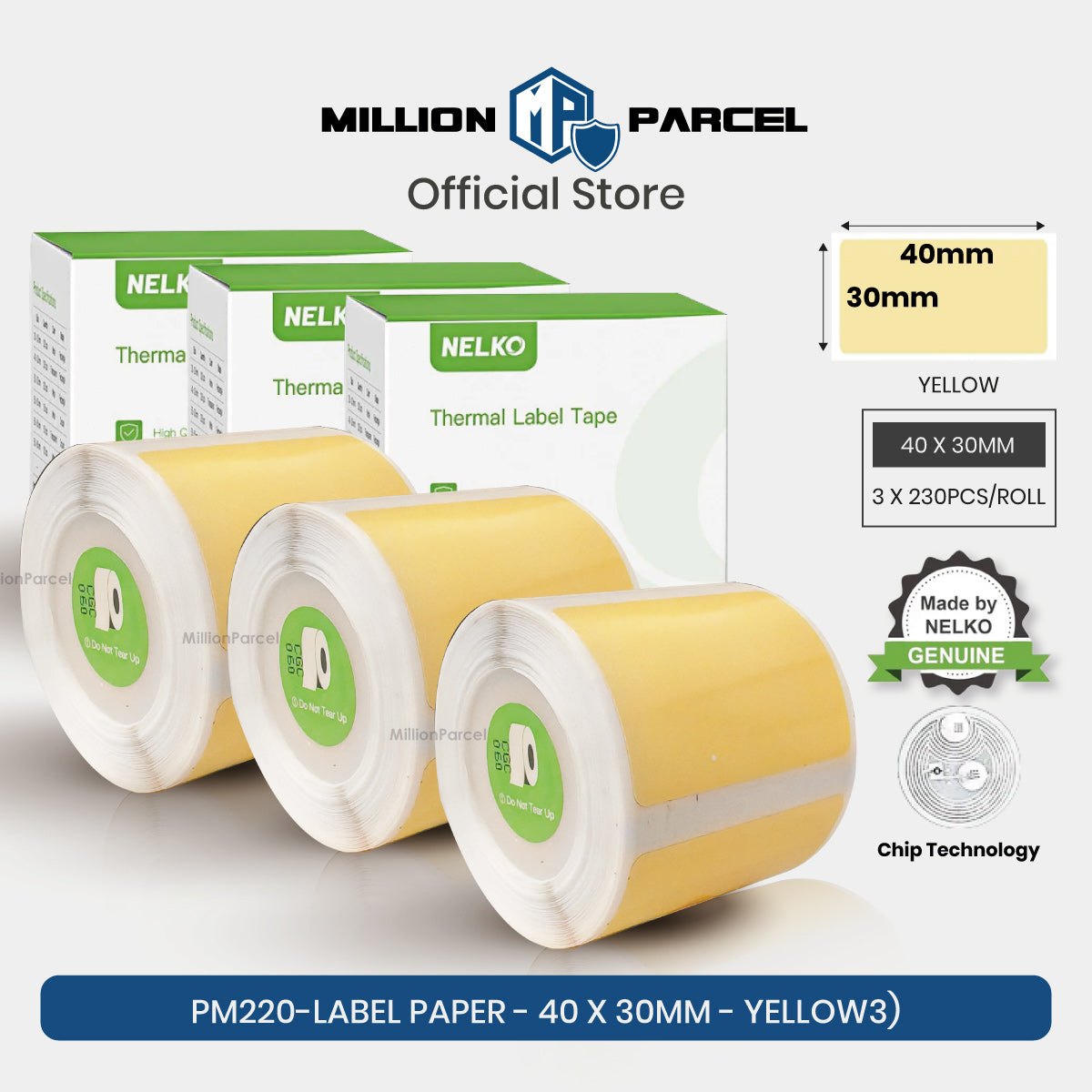 NELKO thermal label paper roll with yellow tape, 40x30mm size, 3 rolls