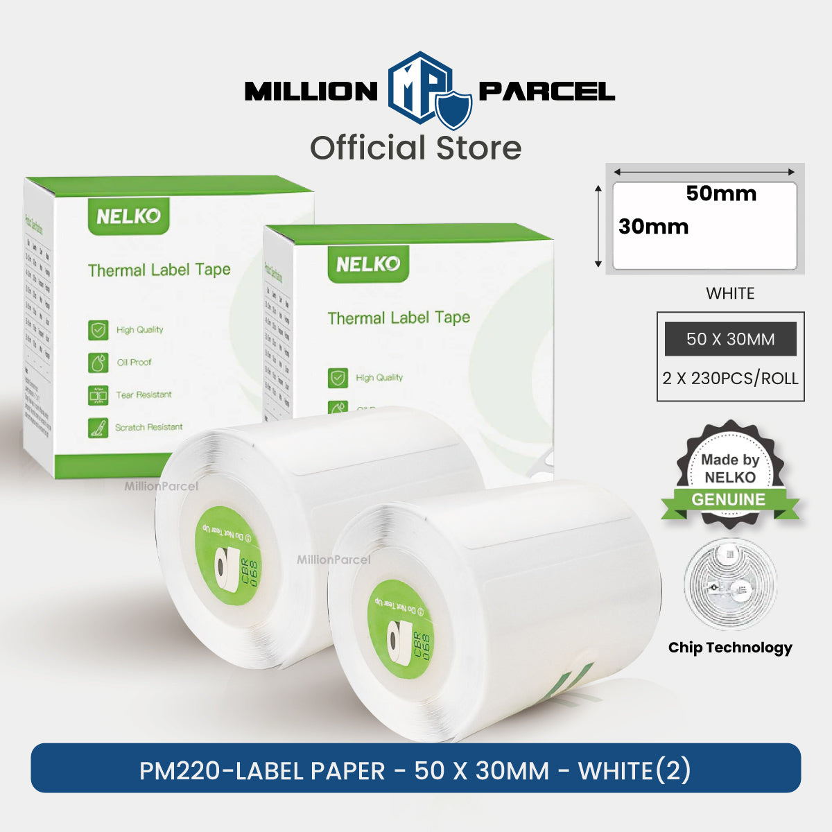 White thermal label tape roll, 50x30mm, boxed set with 2 rolls