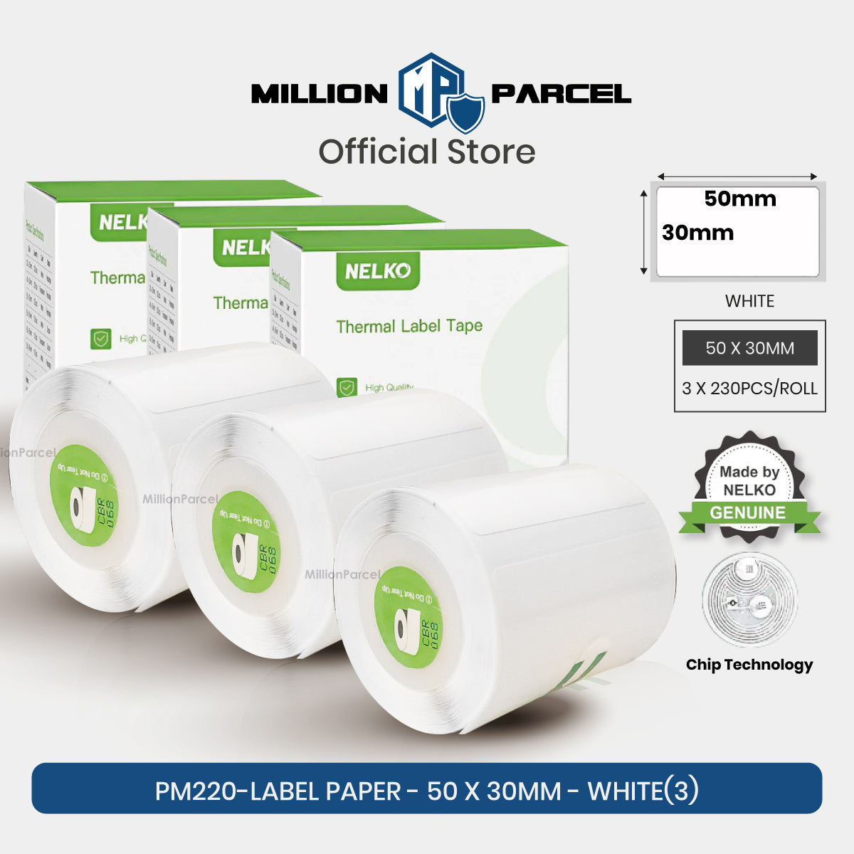 White thermal label tape roll, 50x30mm, boxed set with 3 rolls