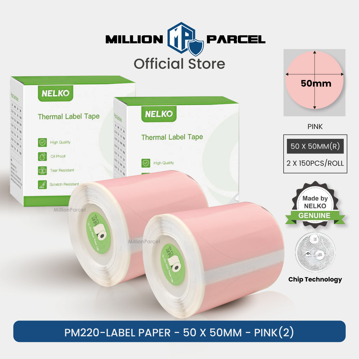 Pink thermal label paper roll, 50 x 50mm, 2-pack