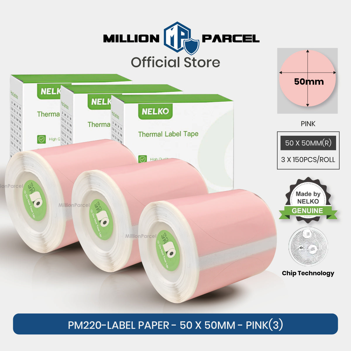 Pink thermal label paper roll, 50 x 50mm, 3-pack