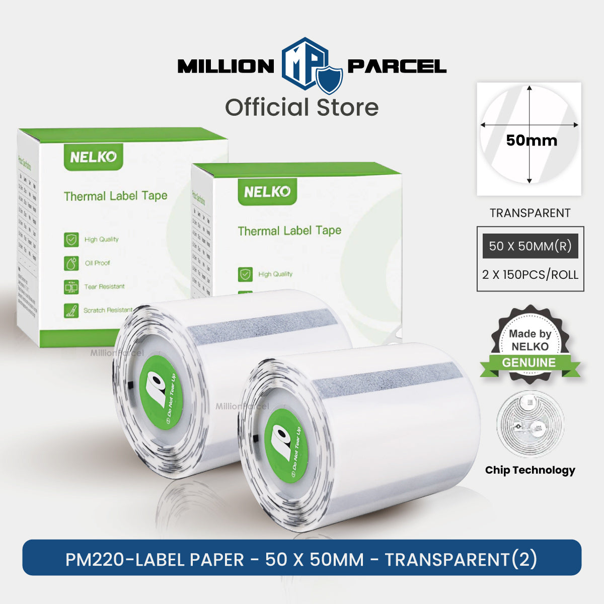 Transparent thermal label paper roll, 50 x 50mm, 2-pack