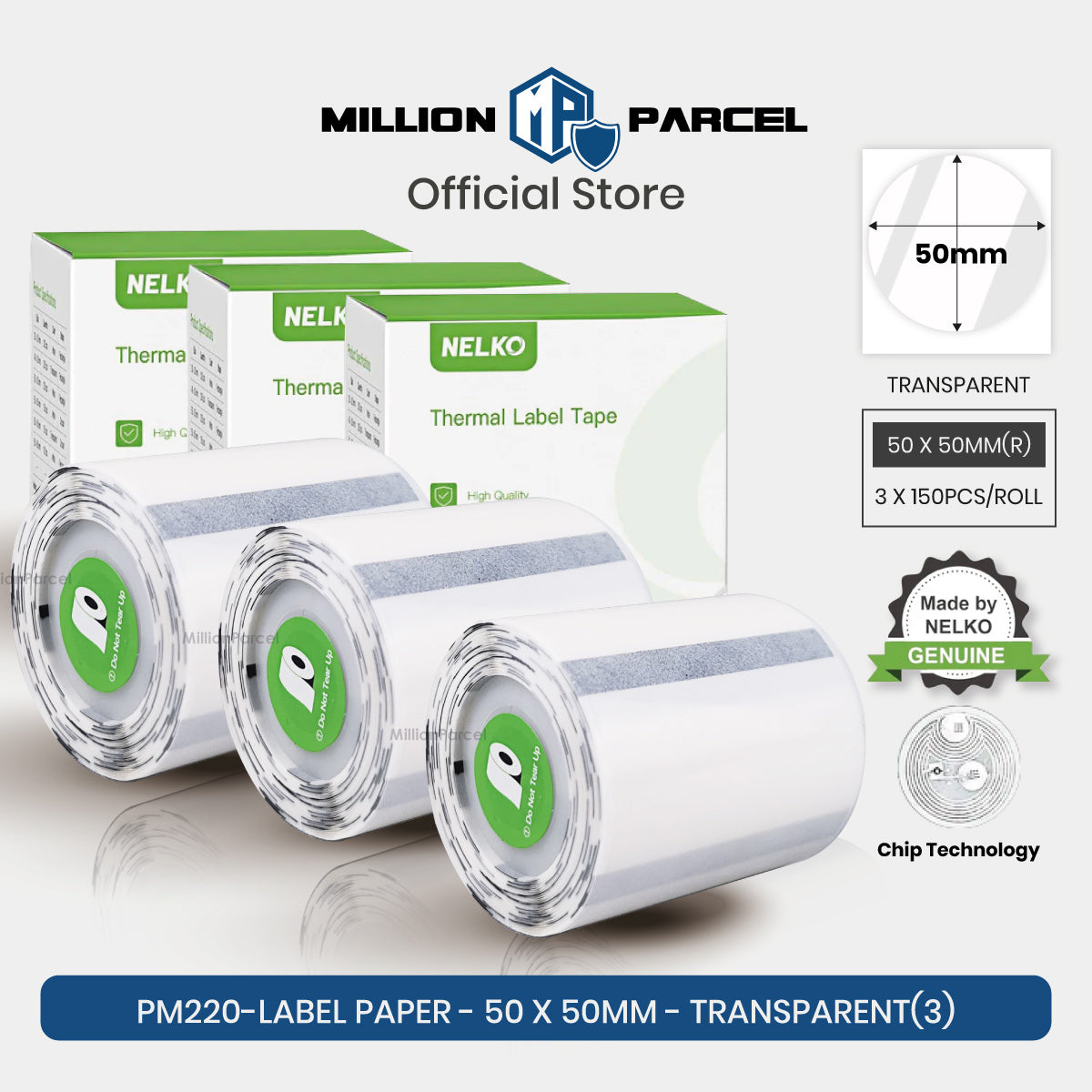Transparent thermal label paper roll, 50 x 50mm, 3-pack