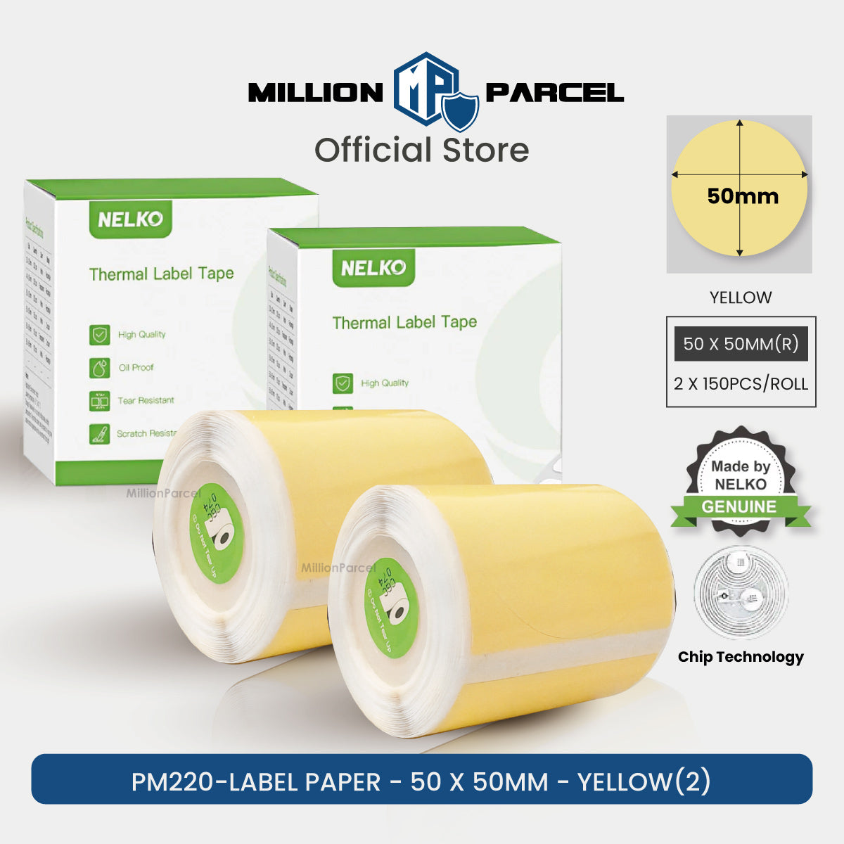 Yellow thermal label paper roll, 50 x 50mm, 2-pack