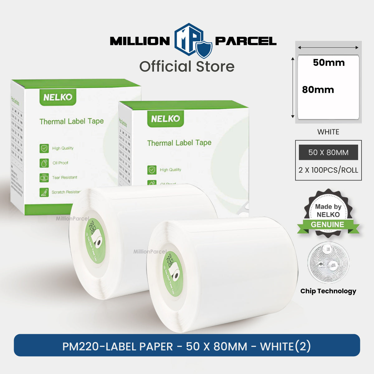 White thermal label tape roll, 50x80mm, boxed set with 2 rolls