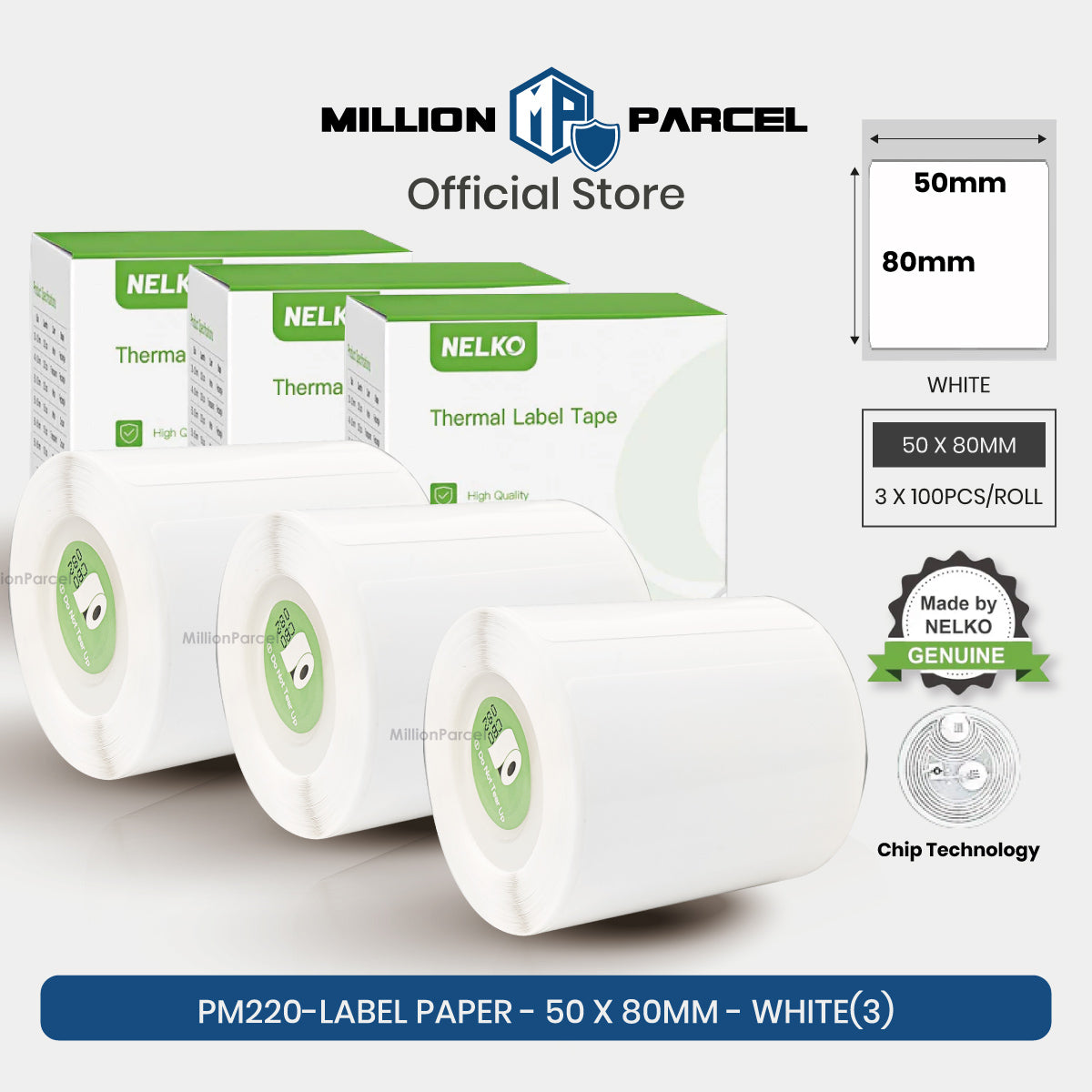 White thermal label tape roll, 50x80mm, boxed set with 3 rolls