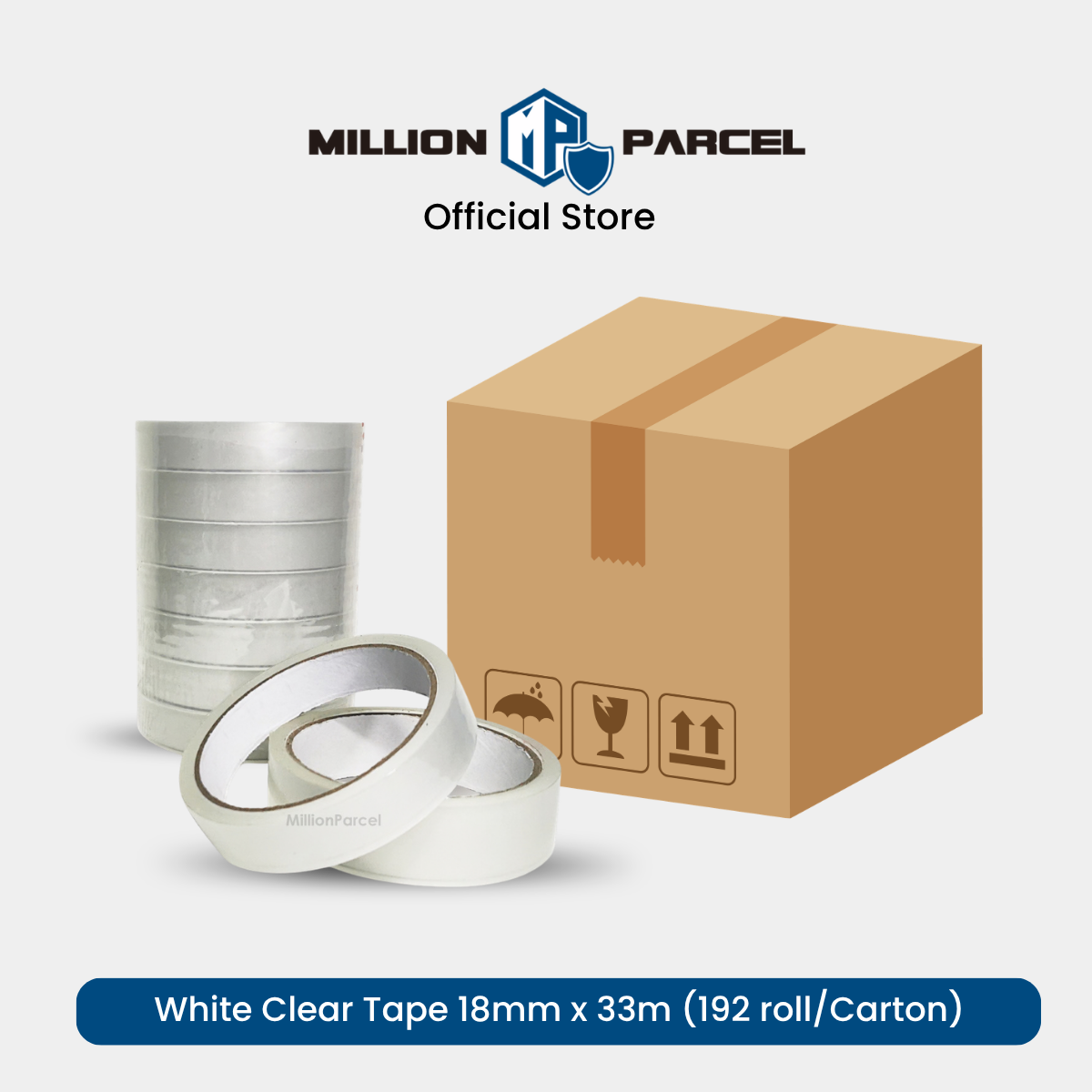 White clear cellulose packing tape, 18mm x 33m rolls (192 per carton)