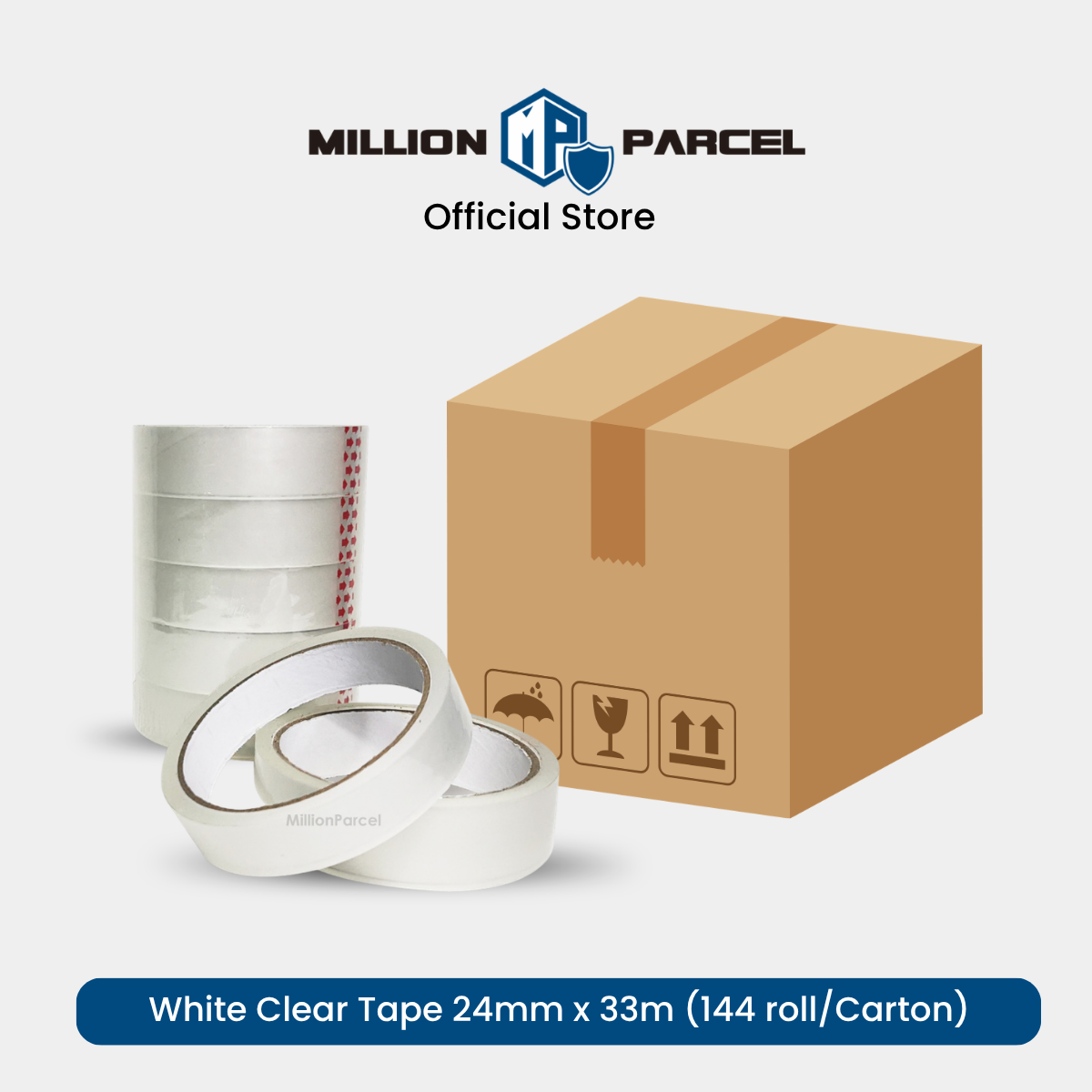 White clear cellulose packing tape, 24mm x 33m rolls (144 per carton)
