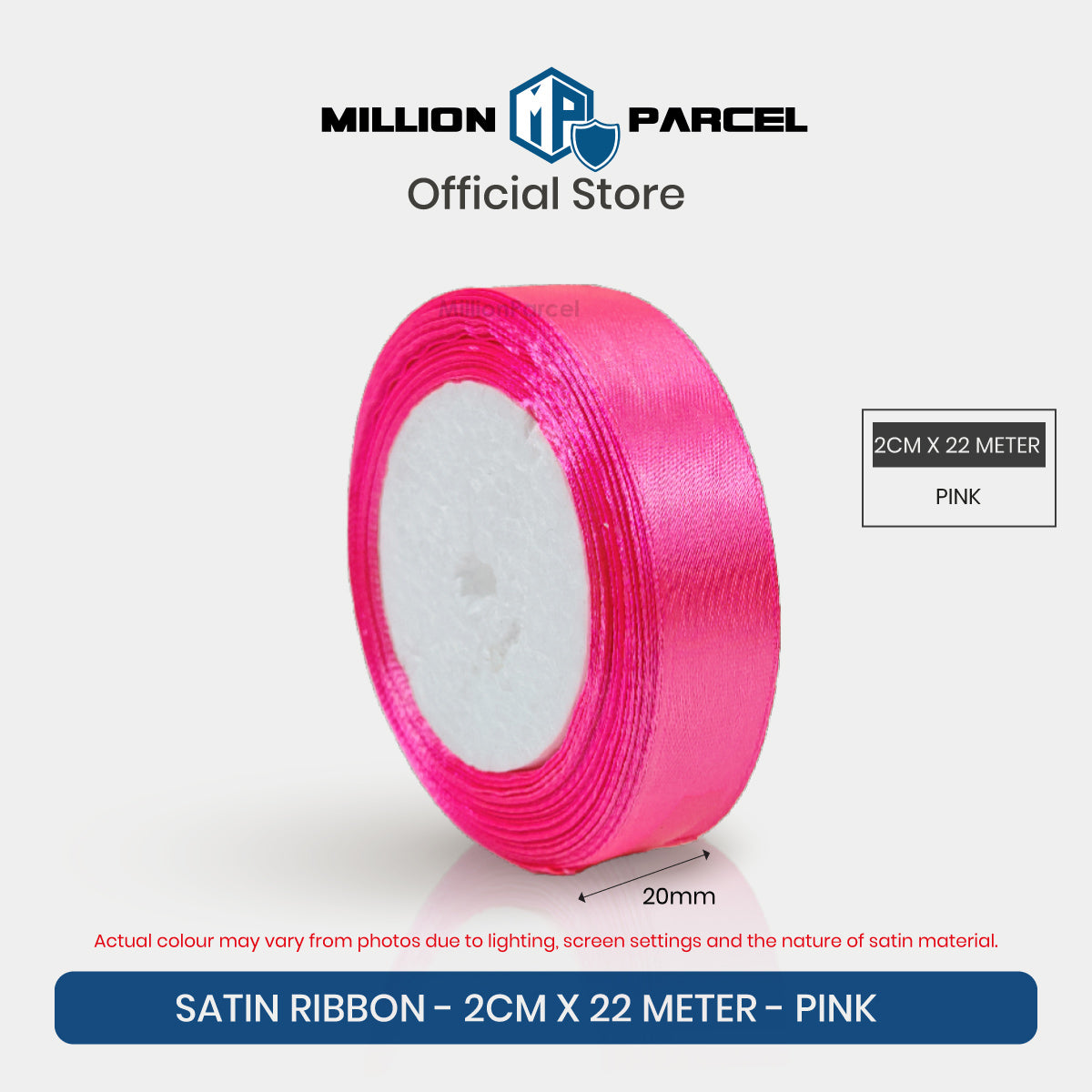 Pink satin ribbon roll, 2 cm wide and 22 m long, gift wrapping ribbon spool