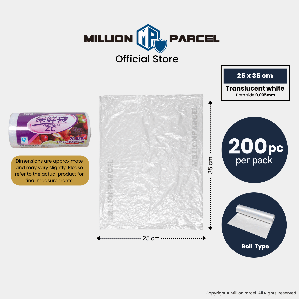 Flat translucent white plastic bags, 25 x 35 cm, shown beside a roll
