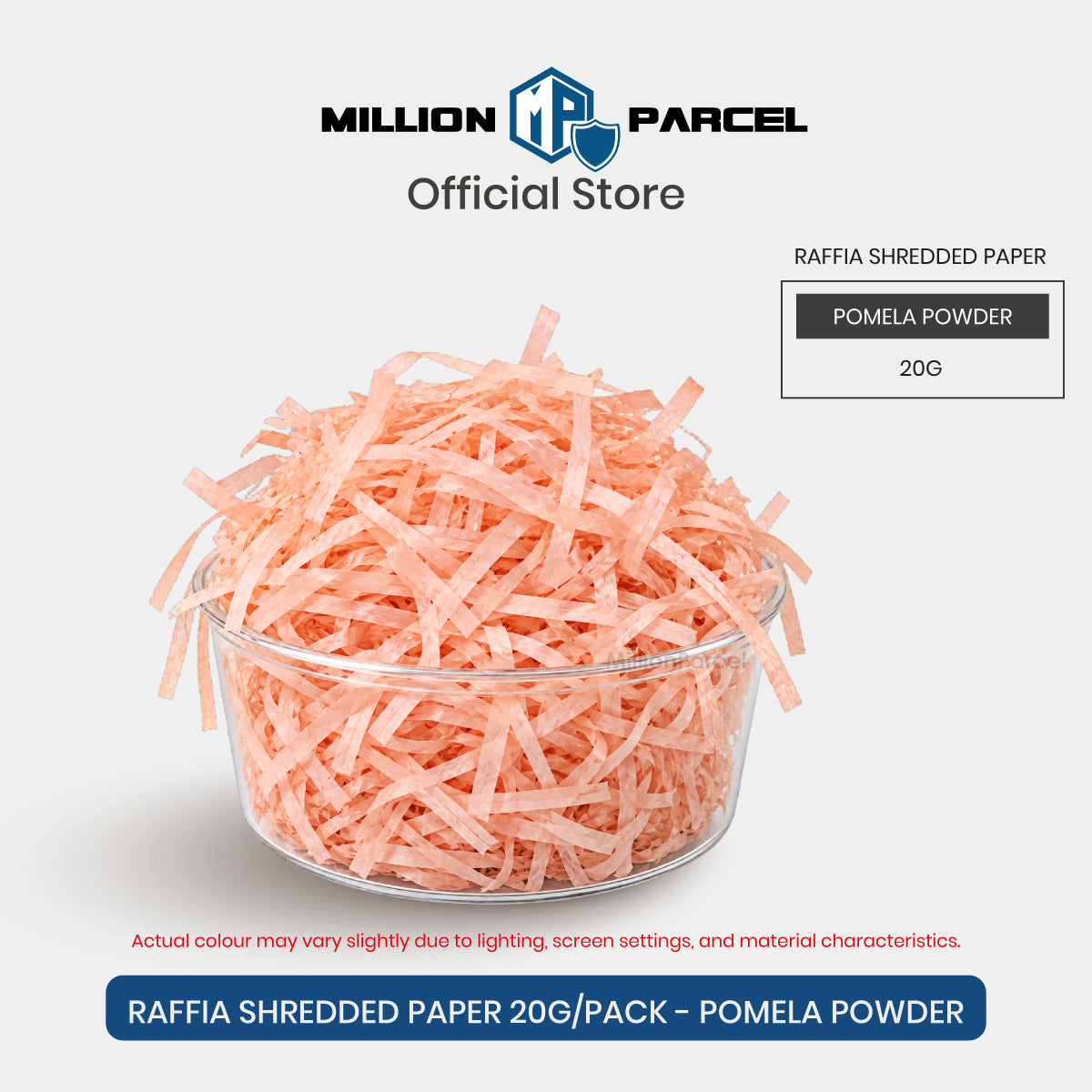 Raffia-style shredded paper gift filler in Pomela powder pink, crinkle strips in a clear tub