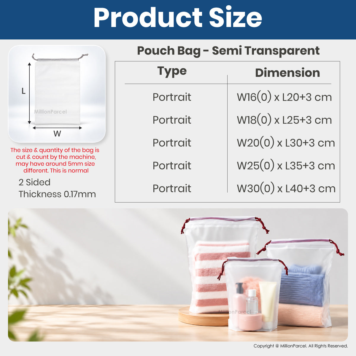 Set of white semi-transparent PE drawstring pouch bags with drawcords, different sizes