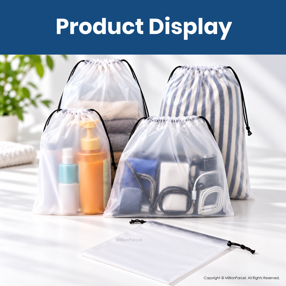 Semi-transparent drawstring storage pouches with black cords, assorted colors, visible items