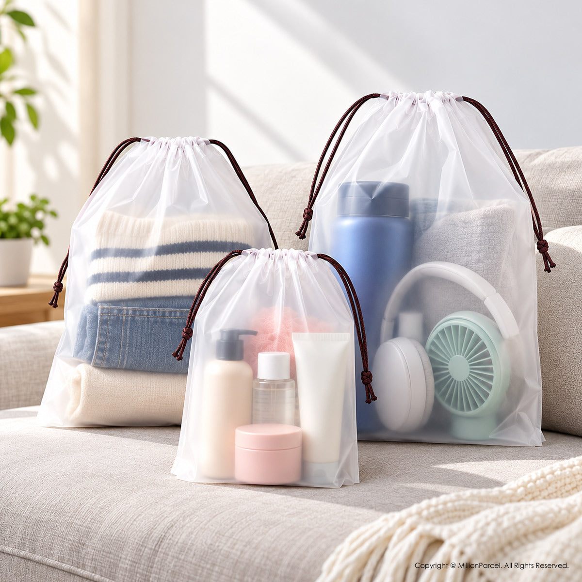 Set of translucent drawstring storage pouches with striped cloth inserts and brown cords
