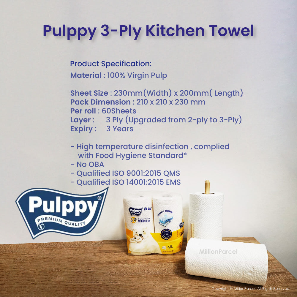 Pulppy Kitchen Towel Tissue | Premium Quality 3ply | 4 roll x 60 sheet