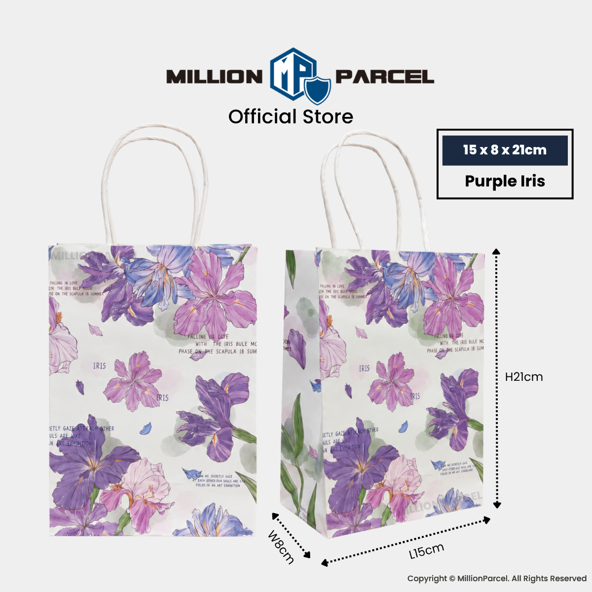White gift paper bag with handles, purple iris flower print and botanical accents.