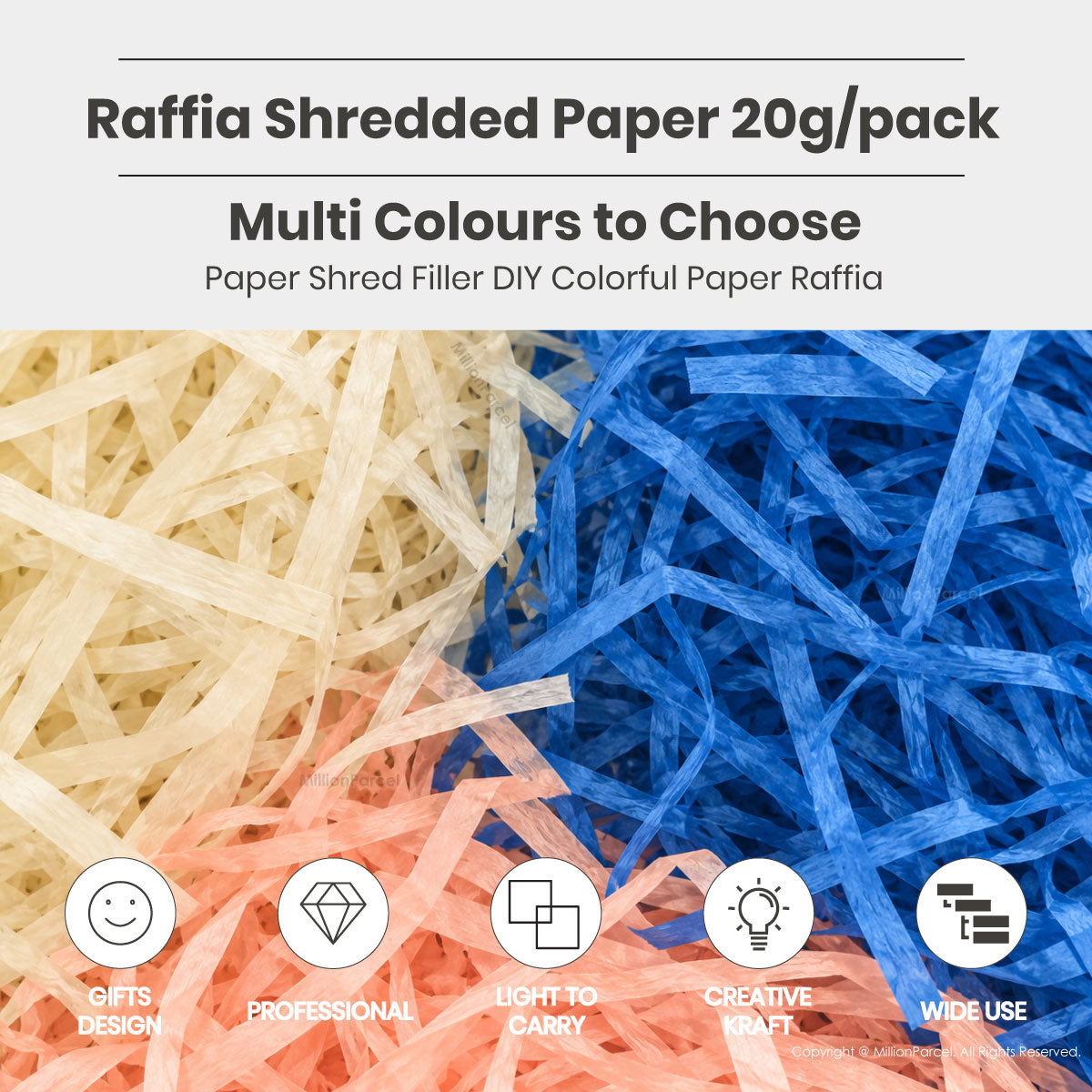 Close-up of raffia-style shredded paper filler in cream and blue tones