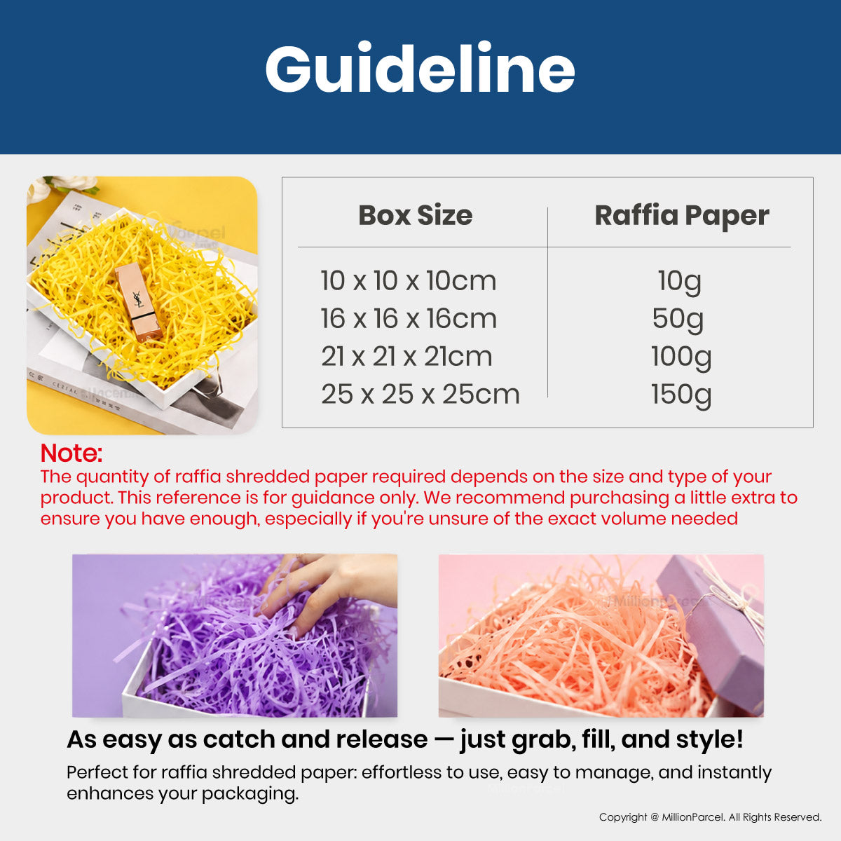 Assorted raffia-style shredded paper filler colors in small bowls