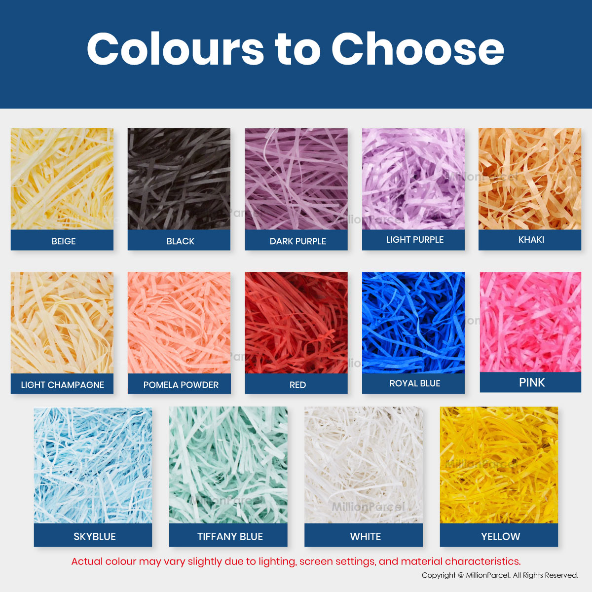 Raffia-style shredded paper gift box filler swatches in multiple colors